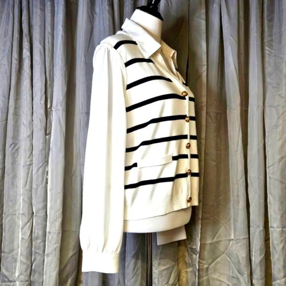 Adrianna Papell Striped Button Front Long Sleeve Preppy Knit Sweater Vest Blouse - Picture 3 of 15